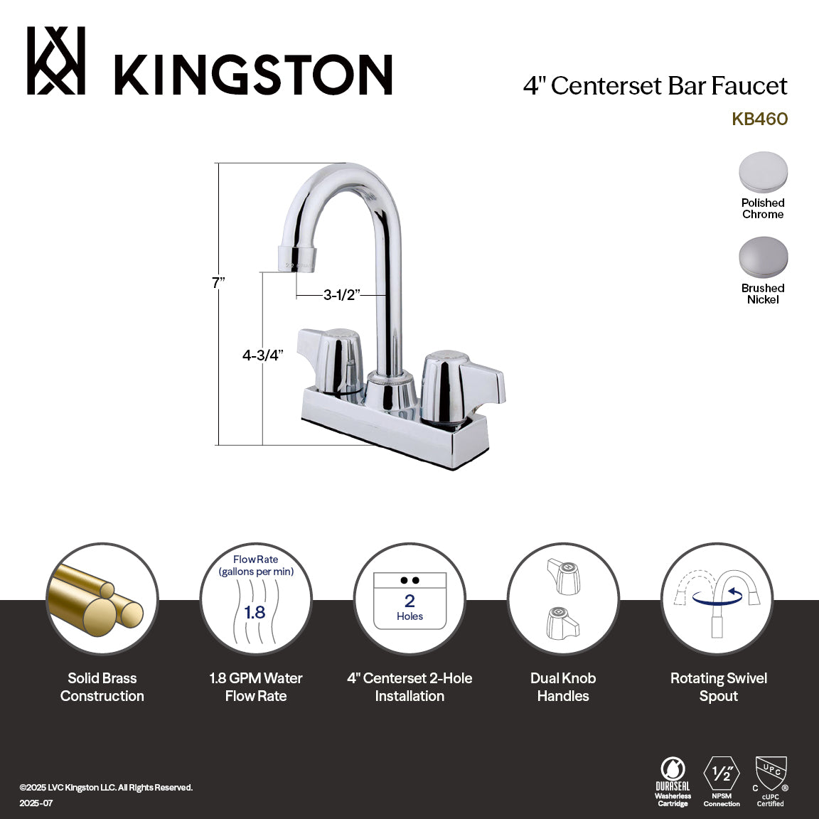 Kingston Tulare KB460SN - Vista Two-Handle 2-Hole Deck Mount Bar Faucet, Brushed Nickel — thumbnail 2